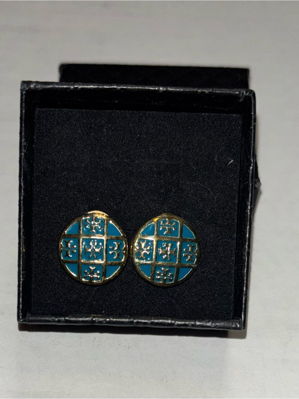 Tory Burch Gold-Tone Turquoise Enamel Grid Stud Earrings